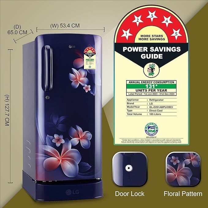 LG 185 L 5 Star Inverter Direct-Cool Single Door Refrigerator (GL-D201ABPU, Blue Plumeria,